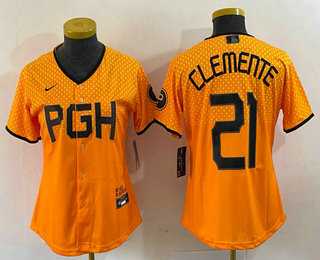 Womens Pittsburgh Pirates #21 Roberto Clemente Yellow 2023 City Connect Stitched Jersey->mlb womens jerseys->MLB Jersey